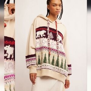 Free People Cozy Beige Hoodie with Bear and Tree Pattern